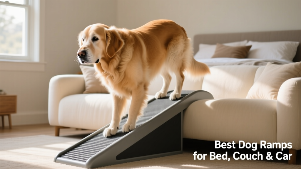 Senior dog confidently using a ramp to climb onto a plush sofa