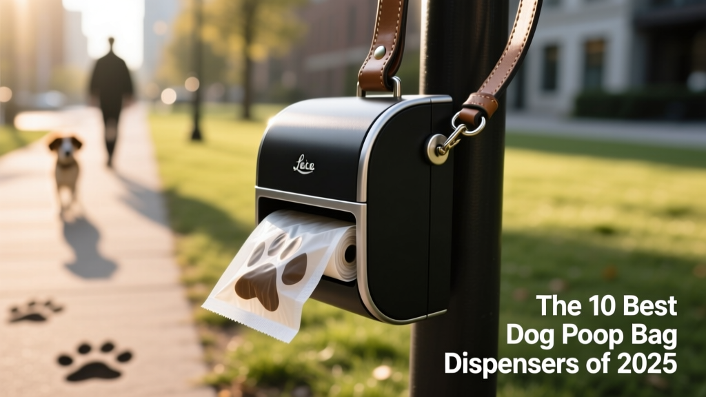A close-up of a sleek, modern dog poop bag dispenser clipped to a leash, with a roll of biodegradable bags partially extended