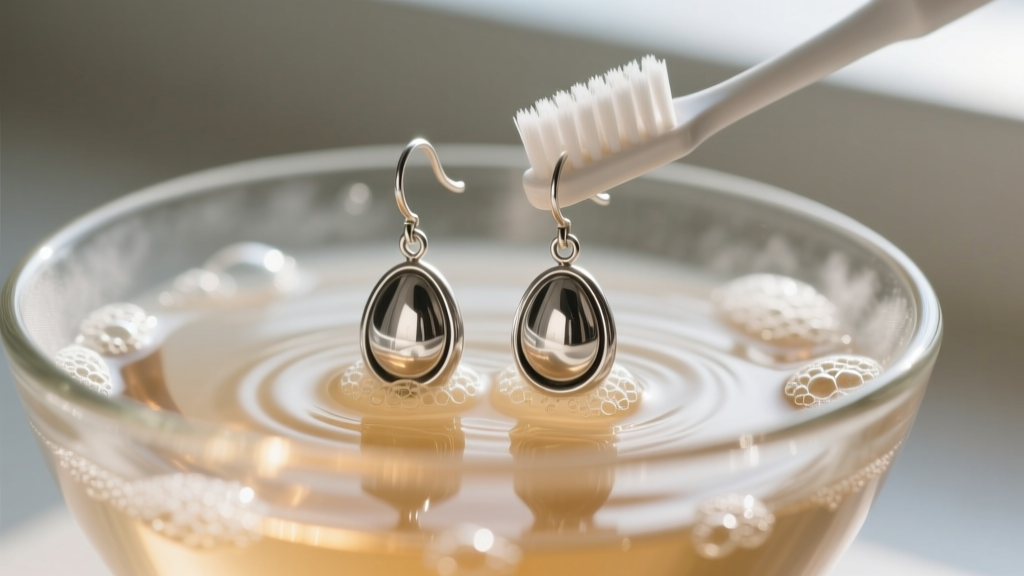 Macro close-up of tarnished sterling silver drop earrings brushed with a soft toothbrush in a glass bowl of warm soapy water