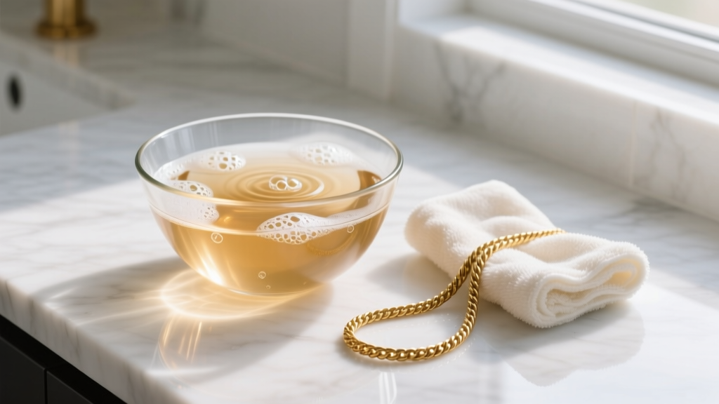Glass bowl with warm soapy water, a microfiber cloth, and a tangled gold cable chain resting on a clean white marble countertop.
