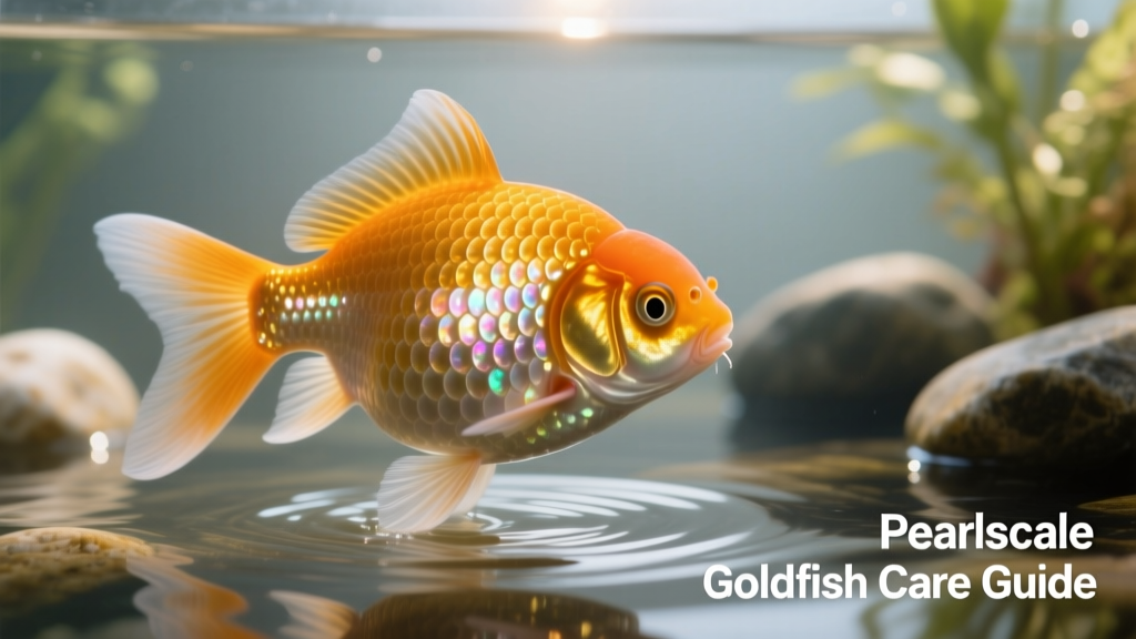 Close-up photo of a healthy Pearlscale goldfish showing its rounded body and shimmering, domed scales