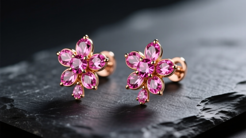 Macro shot of 18k rose gold pink sapphire flower earrings resting on dark slate, illuminated by soft directional studio lighting.