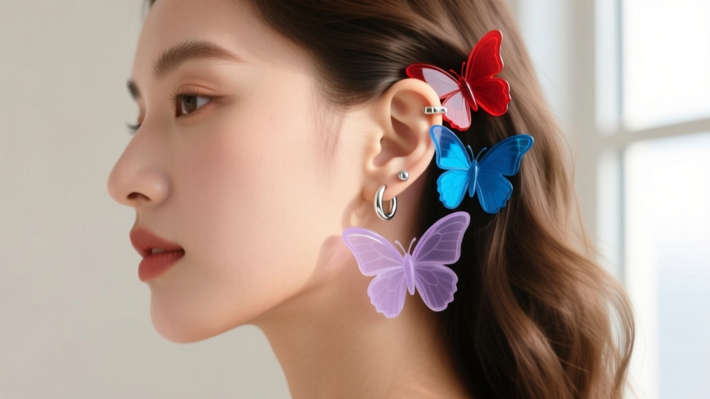 Side profile of a young woman wearing layered acrylic butterfly clip-ons and small silver huggie hoops on her upper ear cartilage