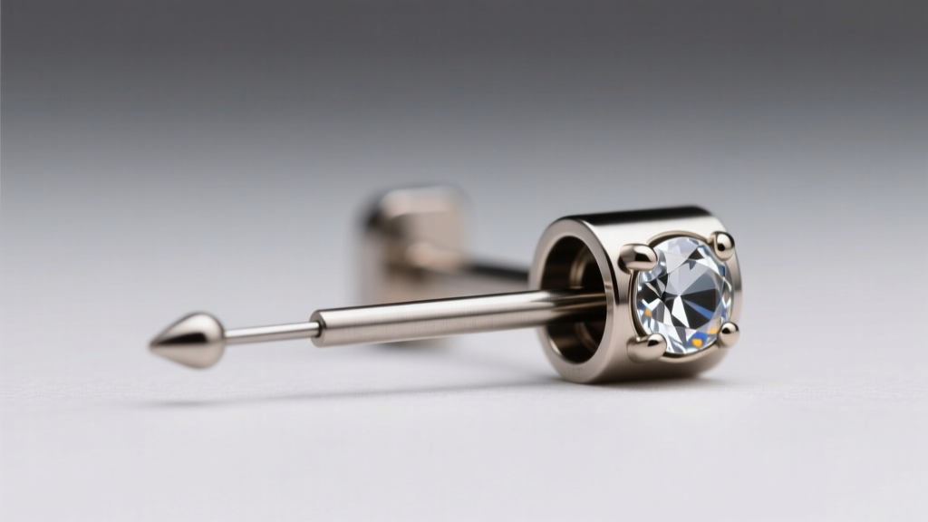 Macro shot of a threadless titanium earring post and gem end, showing the smooth press-fit pin beside a 16-gauge piercing needle