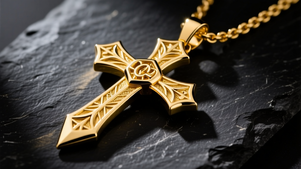 22k yellow gold Chrome Hearts Dagger Cross pendant on dark slate, studio lighting highlighting sharp bevels and deep engravings.