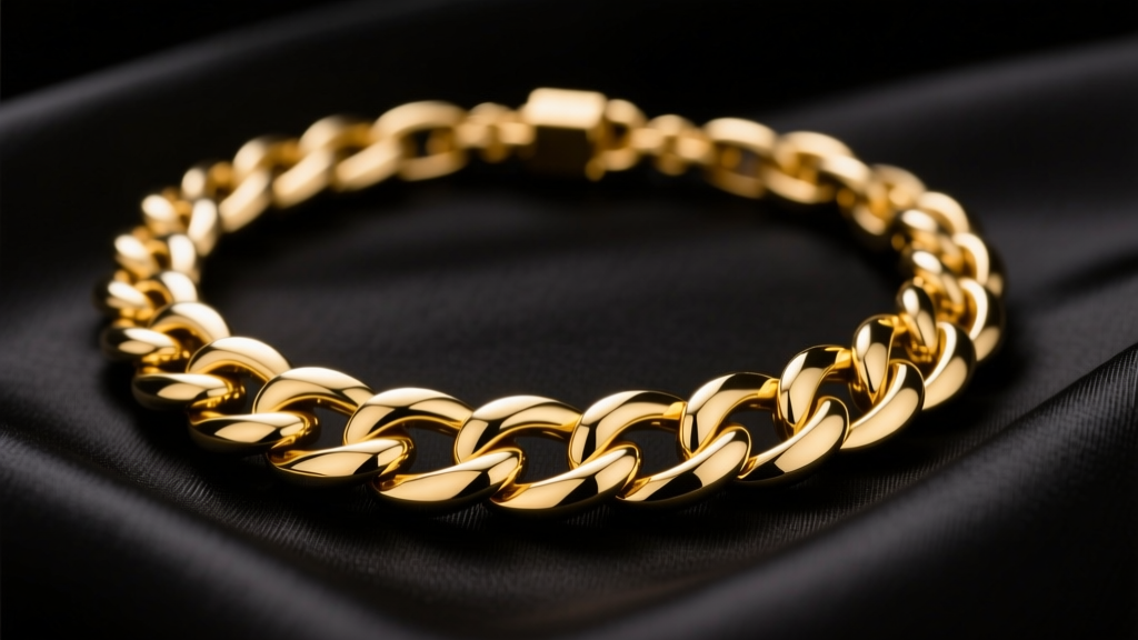 Thick 14k yellow gold Cuban link necklace on dark silk, showing high-polish interlocking links under soft studio lighting