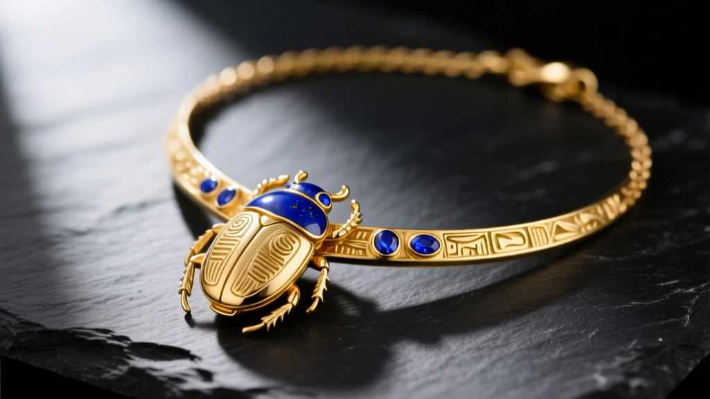Macro photography of a 21-karat Egyptian gold necklace featuring a detailed scarab pendant with lapis lazuli inlays on dark slate