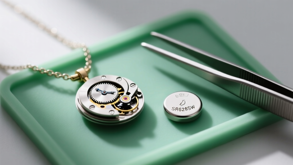 Clock necklace backplate showing a small quartz movement, SR626SW battery, and steel tweezers on a green silicone repair mat.