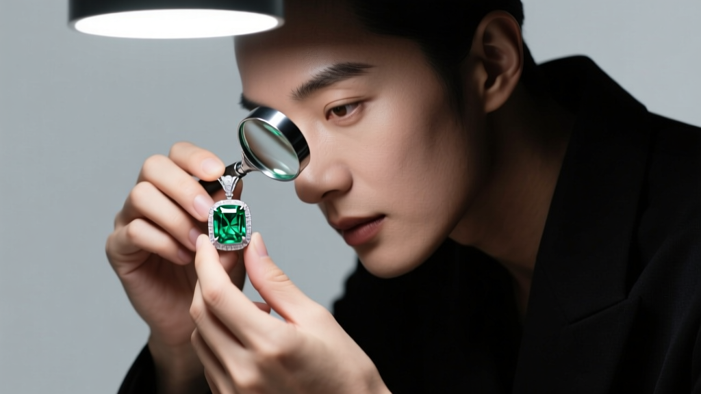Jeweler using a loupe to inspect the clarity and oil treatment of an emerald pendant under bright, focused gemological lighting.