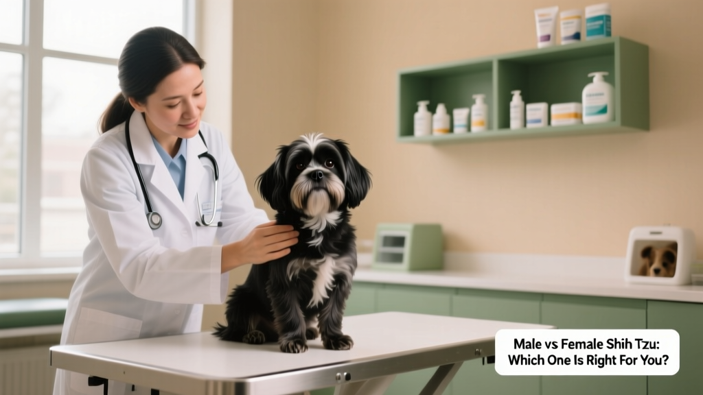 Veterinarian gently examining a calm, seated Shih Tzu during a routine wellness check, with a clean clinic background