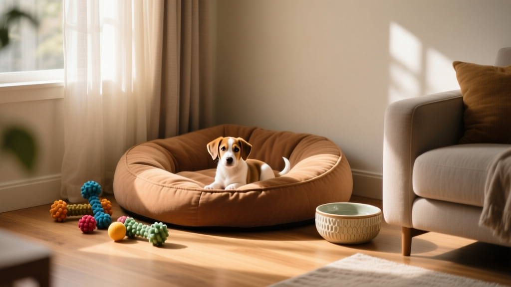 A cozy, puppy-sized den area with a soft bed, chew toys, and a water bowl in a quiet corner of a living room