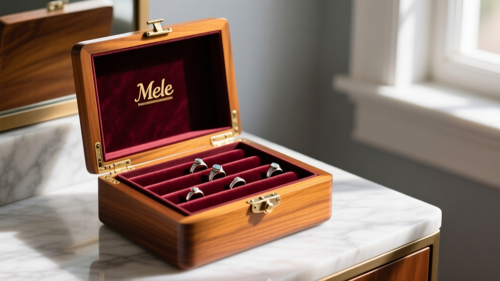 Restored vintage Mele mahogany jewelry box open on a vanity, showing tiered ring rolls and plush anti-tarnish interior lining
