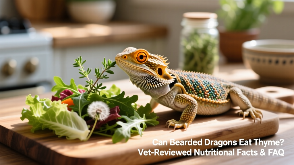 Bearded dragon gently sniffing a small sprig of fresh thyme placed on a salad of safe greens