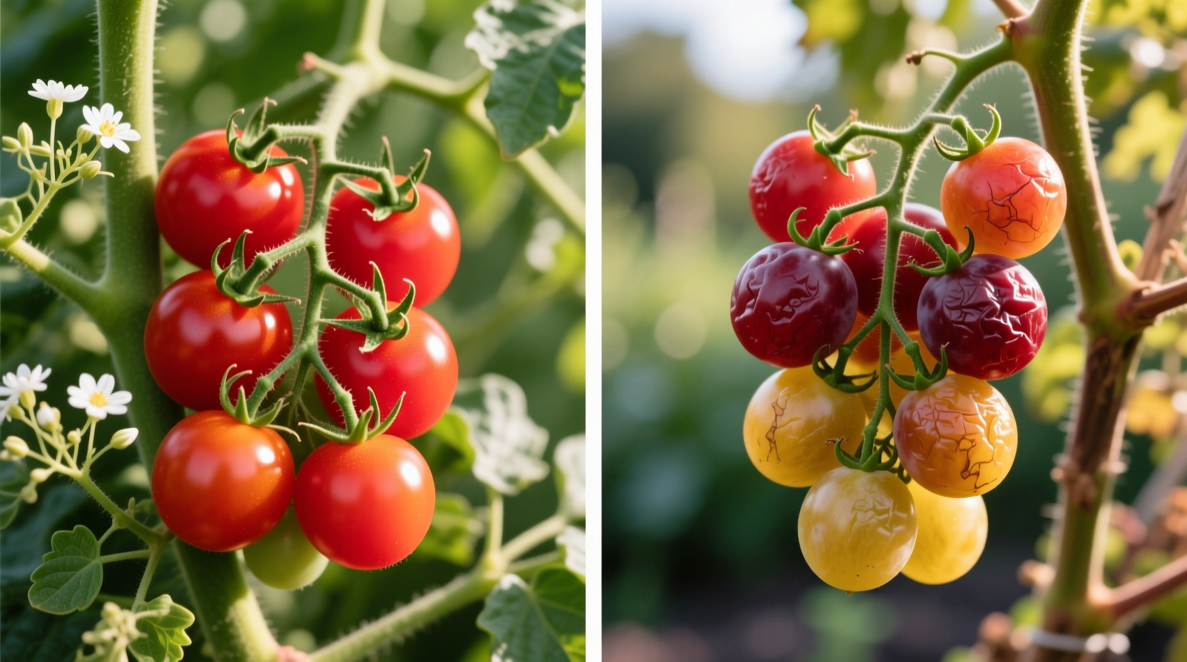 Side-by-side comparison of cherry and grape tomatoes on vine