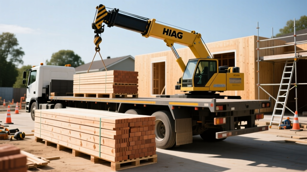 A flatbed truck with a HIAB crane unloading stacked C24 structural timber and clay brick pallets at a residential extension site