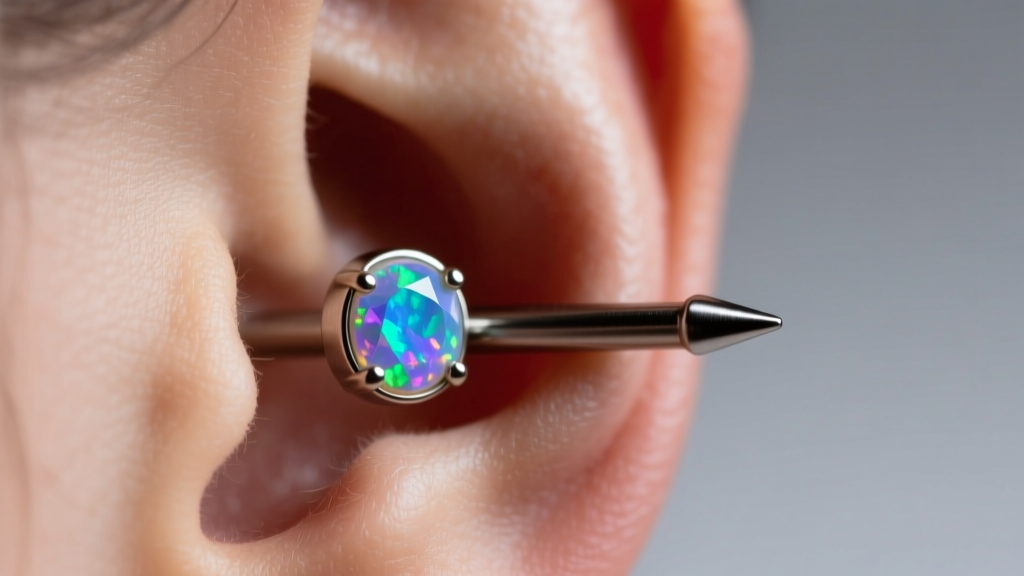 Macro shot of a fresh lobe piercing with a threadless titanium labret stud and bezel-set opal under soft studio lighting