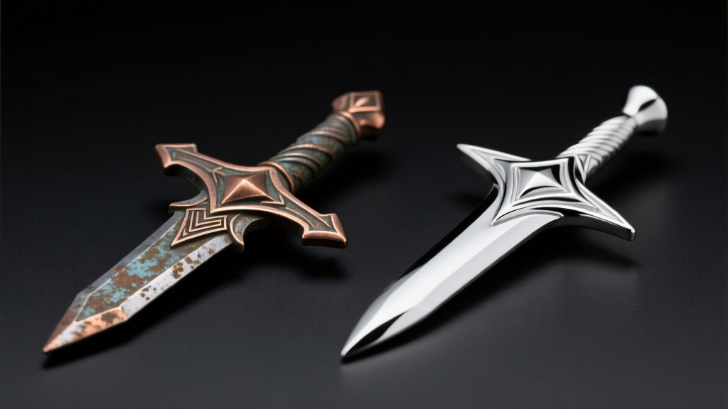 Side-by-side of a tarnished zinc alloy Evenstar replica and a polished .925 sterling silver version under bright studio lighting.