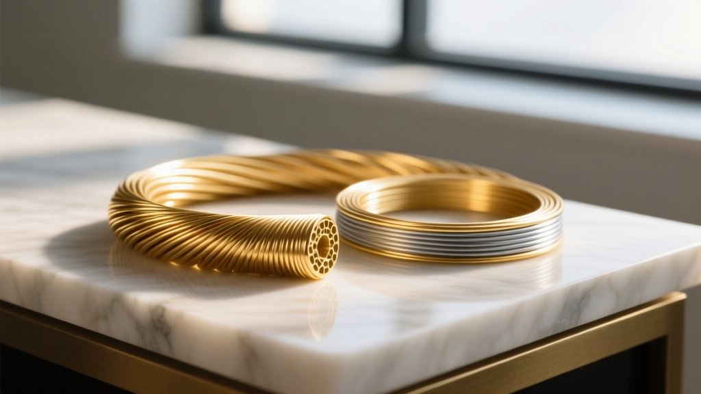 Macro cross-section comparing the thick bond of 14k gold filled wire beside a thin 0.5 micron gold plated brass wire on a bench.