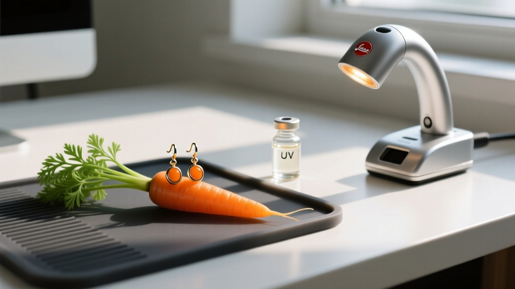Workspace showing a carrot earring with a detached green top, UV resin, and a precision curing lamp resting on a dark silicone mat.