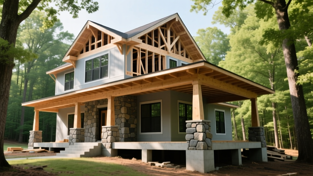 Two-story craftsman house with stone accents and covered porch under construction in a wooded North Carolina subdivision