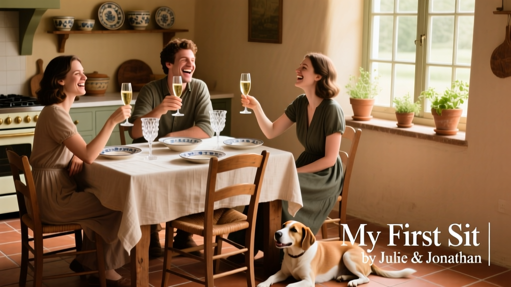 Julie, Jonathan, and Diana laughing together around a cozy dining table with glasses raised