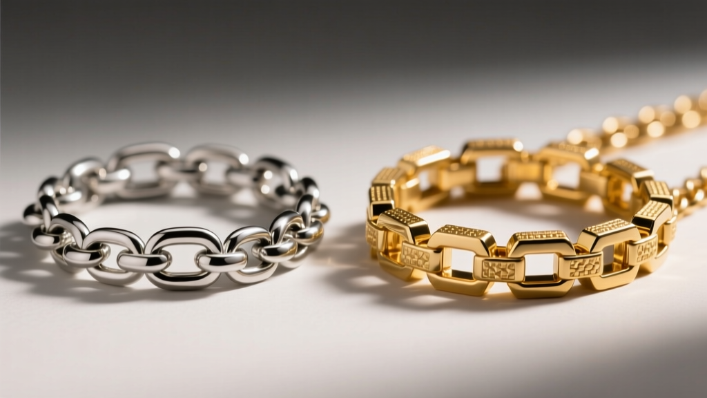 Macro shot of a silver figaro chain beside a gold box chain showing contrasting metal textures and link shapes in warm studio light