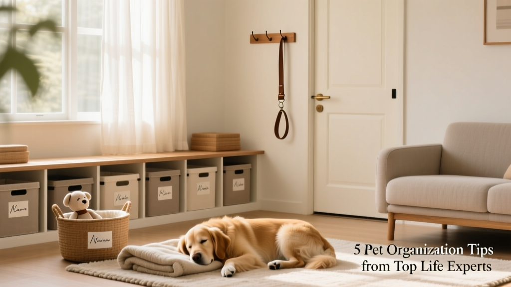 A tidy living room with labeled storage bins, a dog leash hanging neatly by the door, and a soft toy basket within easy reach of a sleeping dog