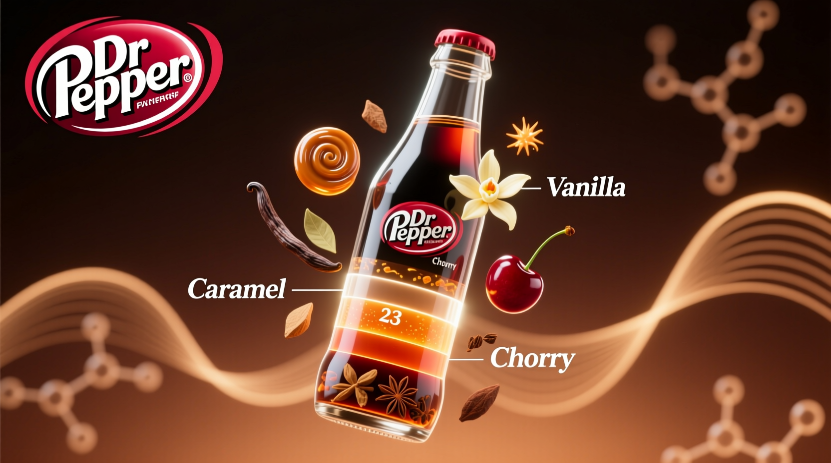Dr Pepper bottle with flavor components visualization