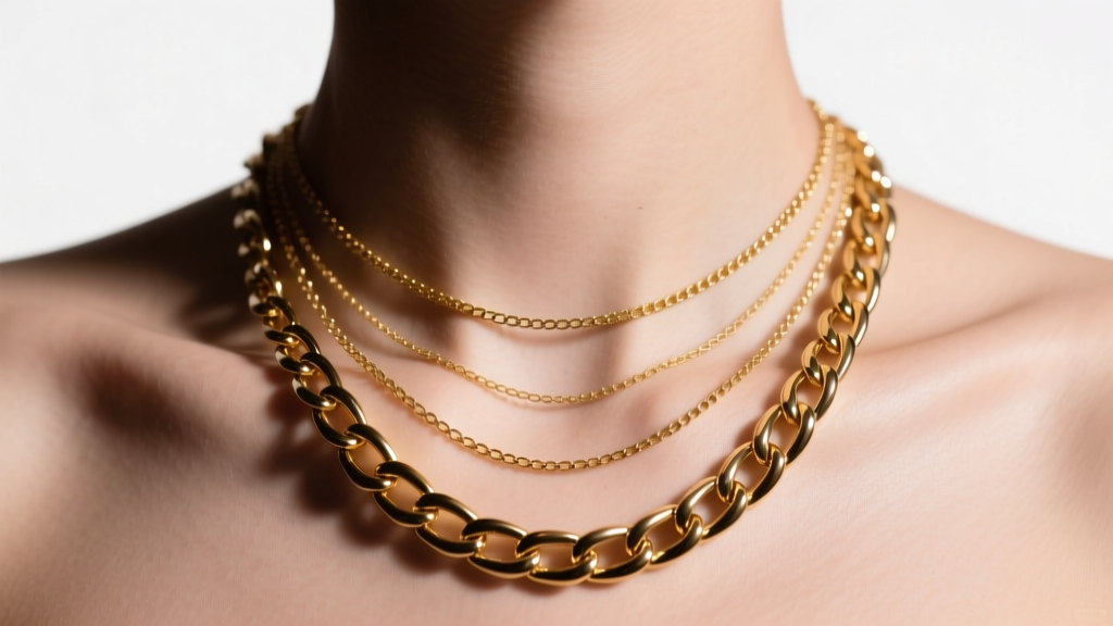 Macro shot of collarbone with three layered gold chains of varying lengths, soft studio lighting, highly detailed photorealistic