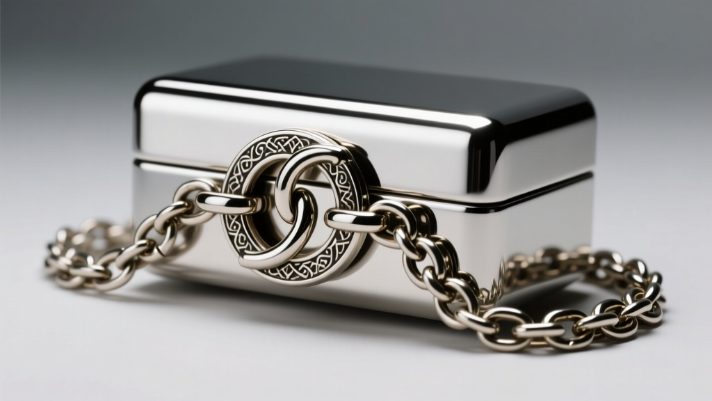 Close-up of a silver box clasp with a figure-8 safety latch on a byzantine chain, shot under bright, direct studio lighting.