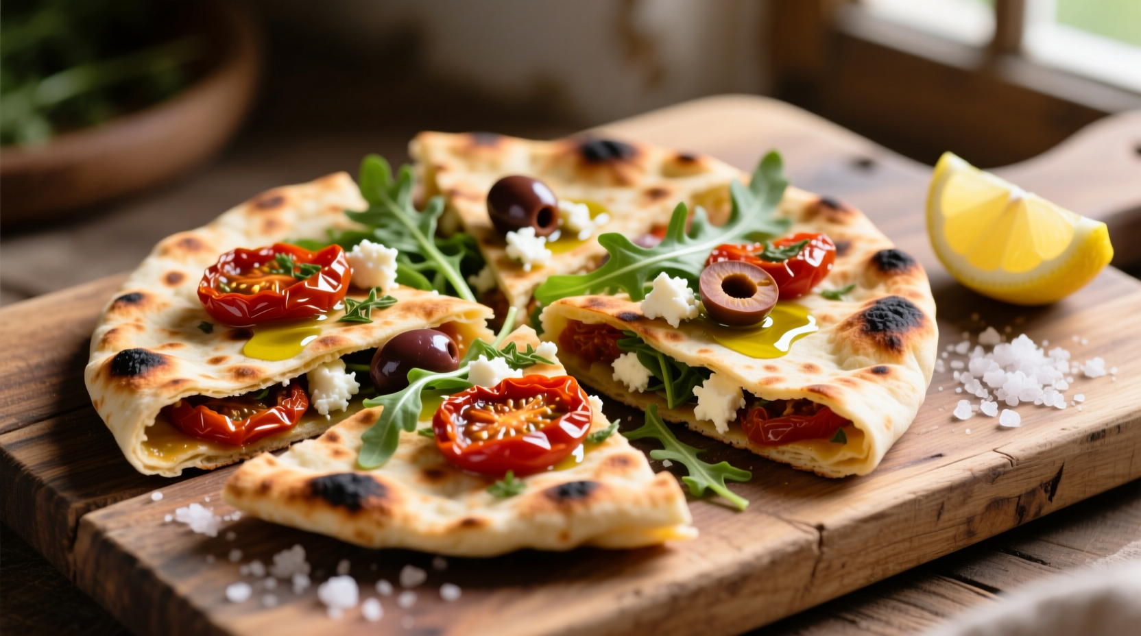 Sun dried tomato tortilla with Mediterranean fillings