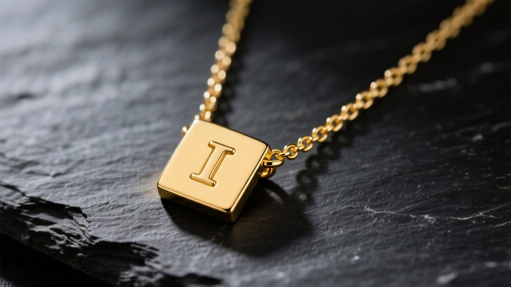 Close-up of a 14k yellow gold square initial necklace on dark slate, highlighting the hidden bail and delicate box chain structure