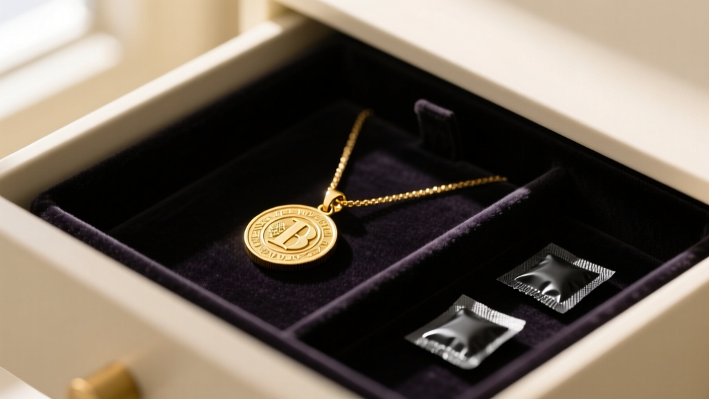 Gold coin pendant necklace stored flat in a velvet-lined drawer compartment beside small black anti-tarnish silica strips.