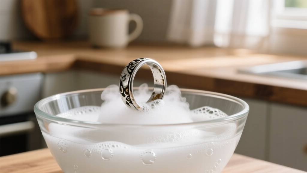 Tarnished silver ring submerged in a cloudy baking soda solution inside a glass bowl under warm kitchen lighting.