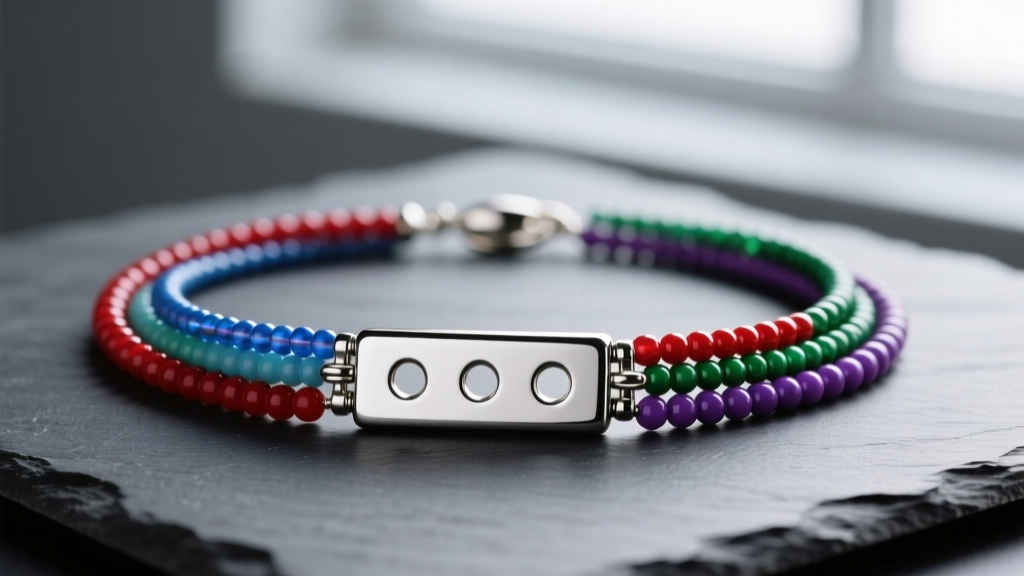 Silver five-hole slide lock tube clasp fastening a multi-strand seed bead necklace, shown in sharp focus on a dark slate surface.