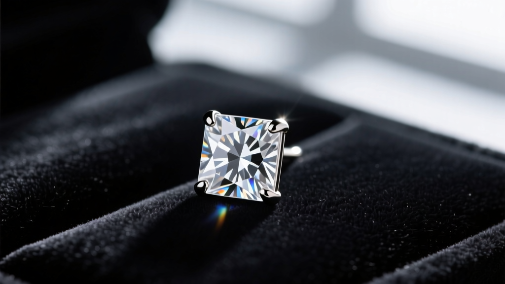 Macro shot of a bezel-set square-cut diamond stud earring on dark velvet, sharp geometric edges reflecting bright light.