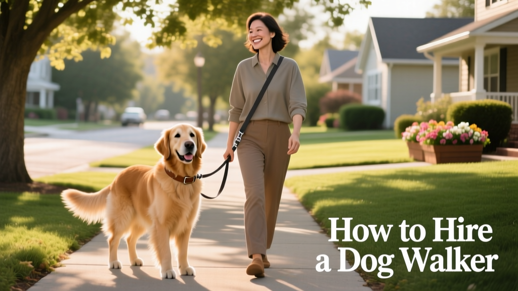 A calm, confident dog walker smiling beside a relaxed, leashed dog on a sunny neighborhood sidewalk