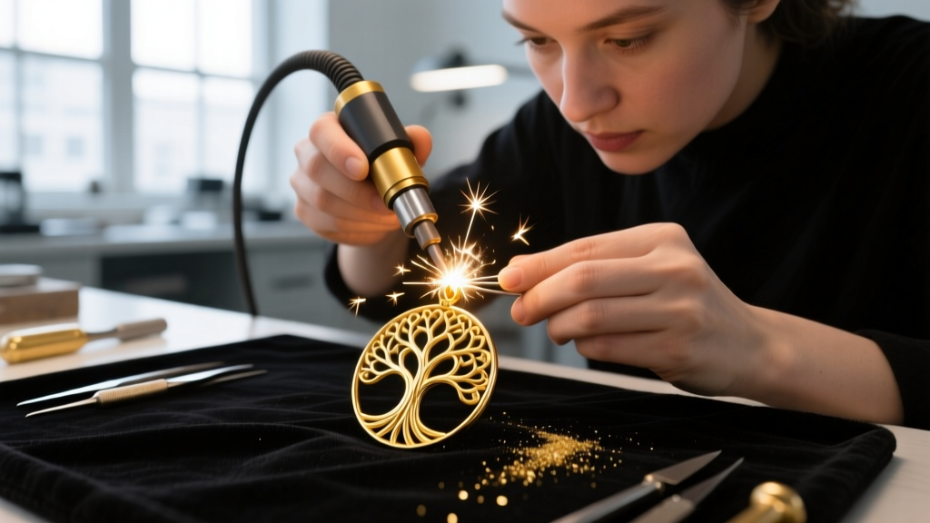 Jeweler using a laser welder to fix a snapped 18k gold branch on a tree of life pendant, showing a bright and visible spark