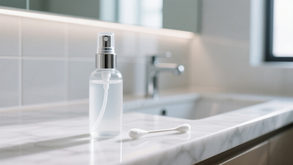 Macro photography of a sterile saline spray bottle and a clean cotton swab resting on a bright marble bathroom counter surface.