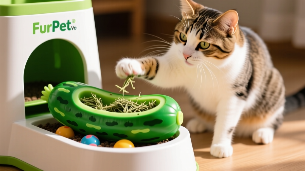 A cat happily batting at a bright green, cucumber-shaped toy filled with catnip, placed inside a FurPetVo puzzle feeder