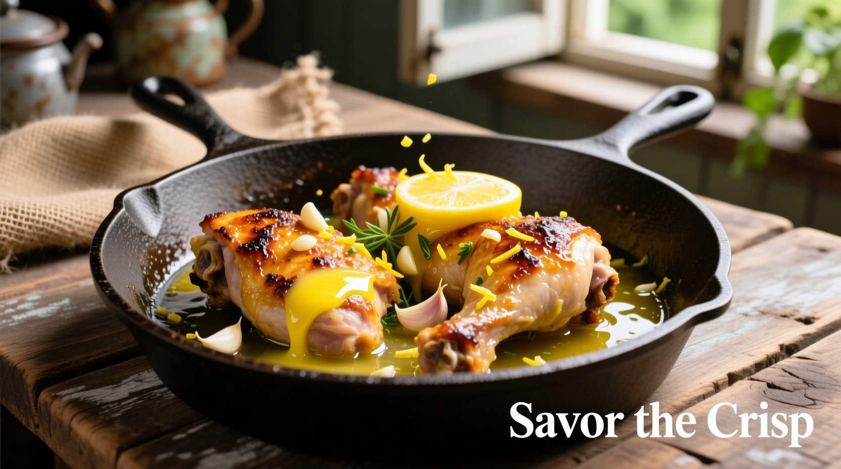 Crispy lemon garlic chicken thighs in cast iron skillet
