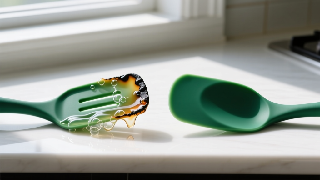 Side-by-side comparison of a melted nylon spatula edge versus an intact heat-resistant silicone spatula edge after exposure to a 450 degree pan
