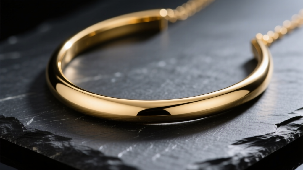 Close-up of a solid 14k gold curved bar necklace on dark slate, highlighting the polished metallic reflection and gentle curve.