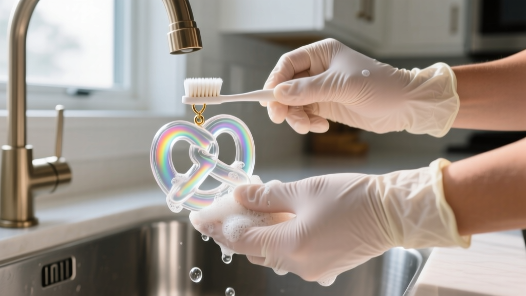 Hands in nitrile gloves scrubbing an acrylic pretzel pendant with a soft toothbrush and soapy water in a stainless steel sink