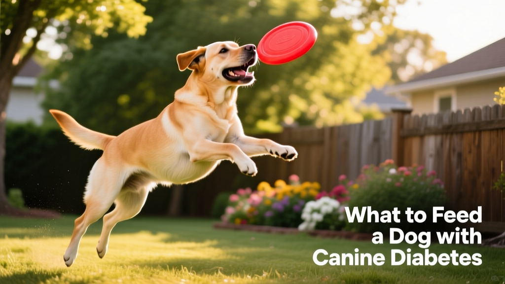 A happy, fit dog playing fetch in a sunlit backyard, showing good muscle tone and energy