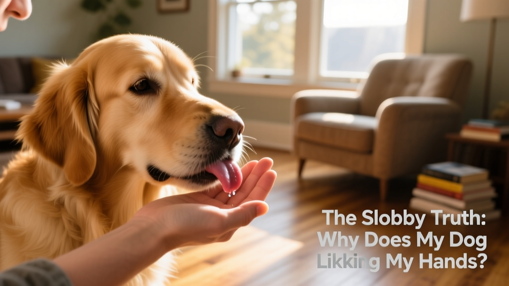 A dog gently licking a person's hand during a calm, affectionate moment.