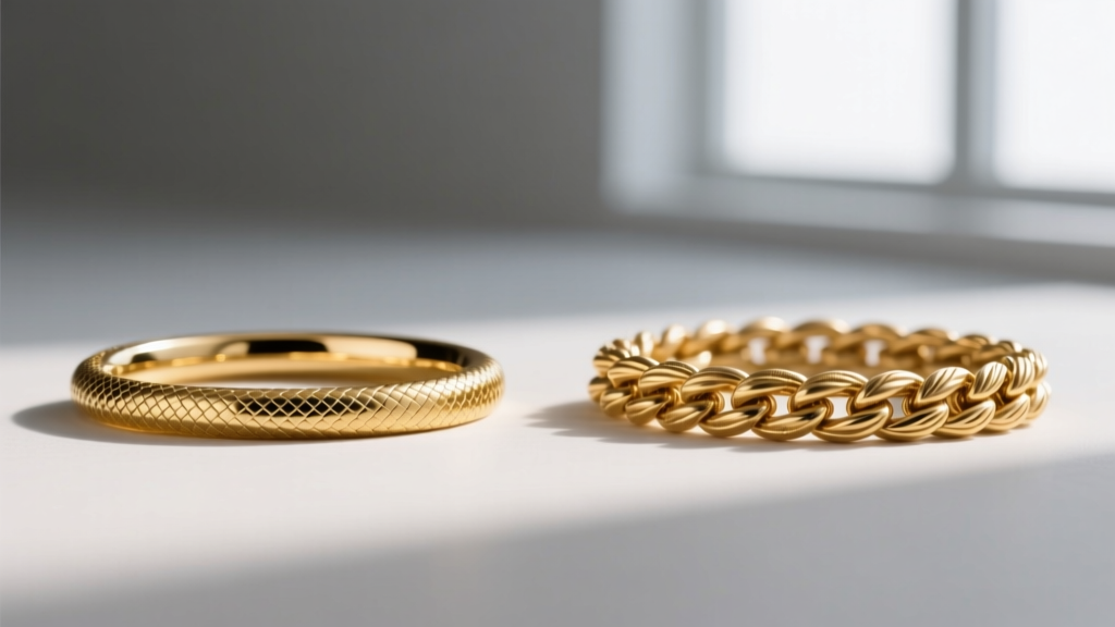 Macro shot comparing a smooth gold snake chain and a textured wheat chain side-by-side to demonstrate surface friction differences