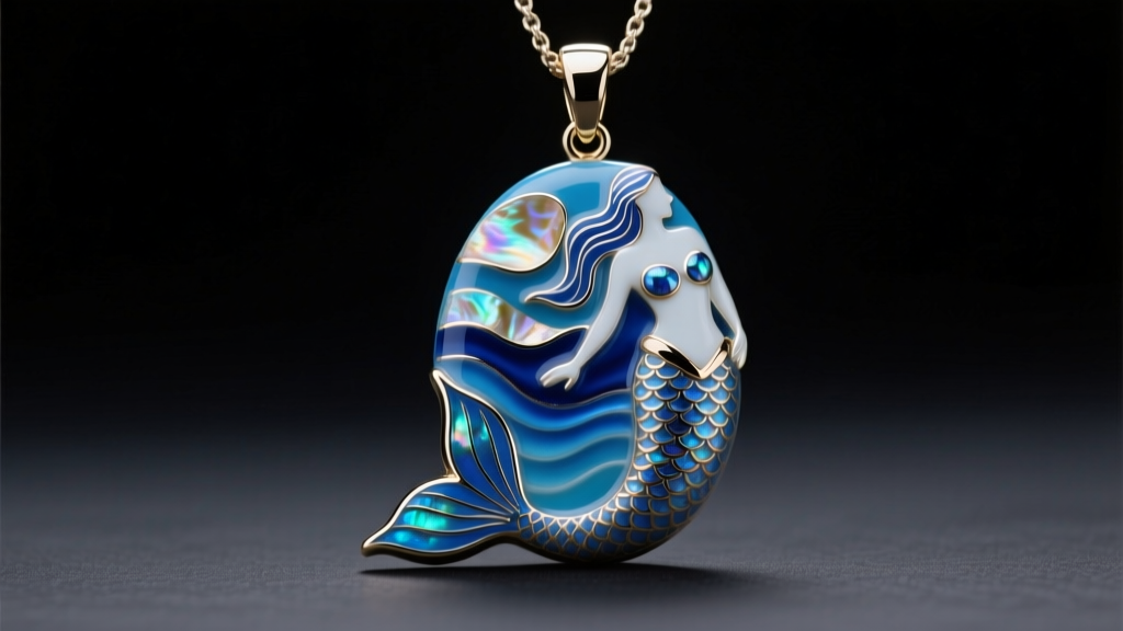 Macro shot of vitreous enamel splash mermaid pendant showing oceanic blues and abalone shell inlays under bright studio lighting