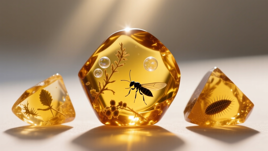Macro shot of raw Baltic amber chunks showing natural inclusions and warm honey-yellow translucency under bright natural sunlight.