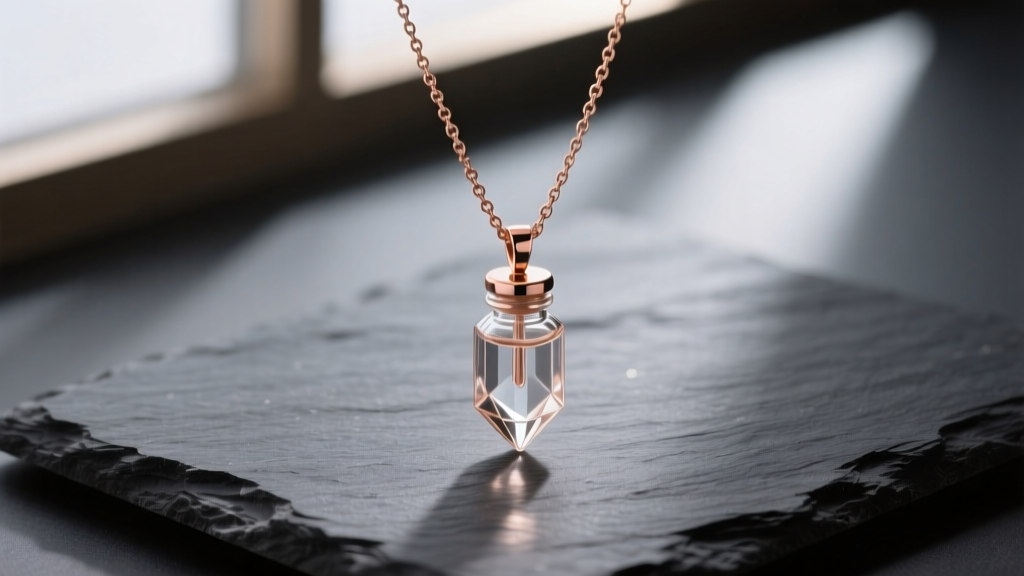 Minimalist rose gold cremation necklace with a small geometric glass vial pendant resting on dark slate under soft, moody lighting.